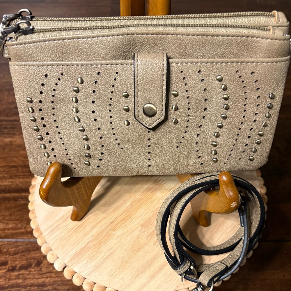 Taupe Stud-Accent Women's Crossbody Wallet by